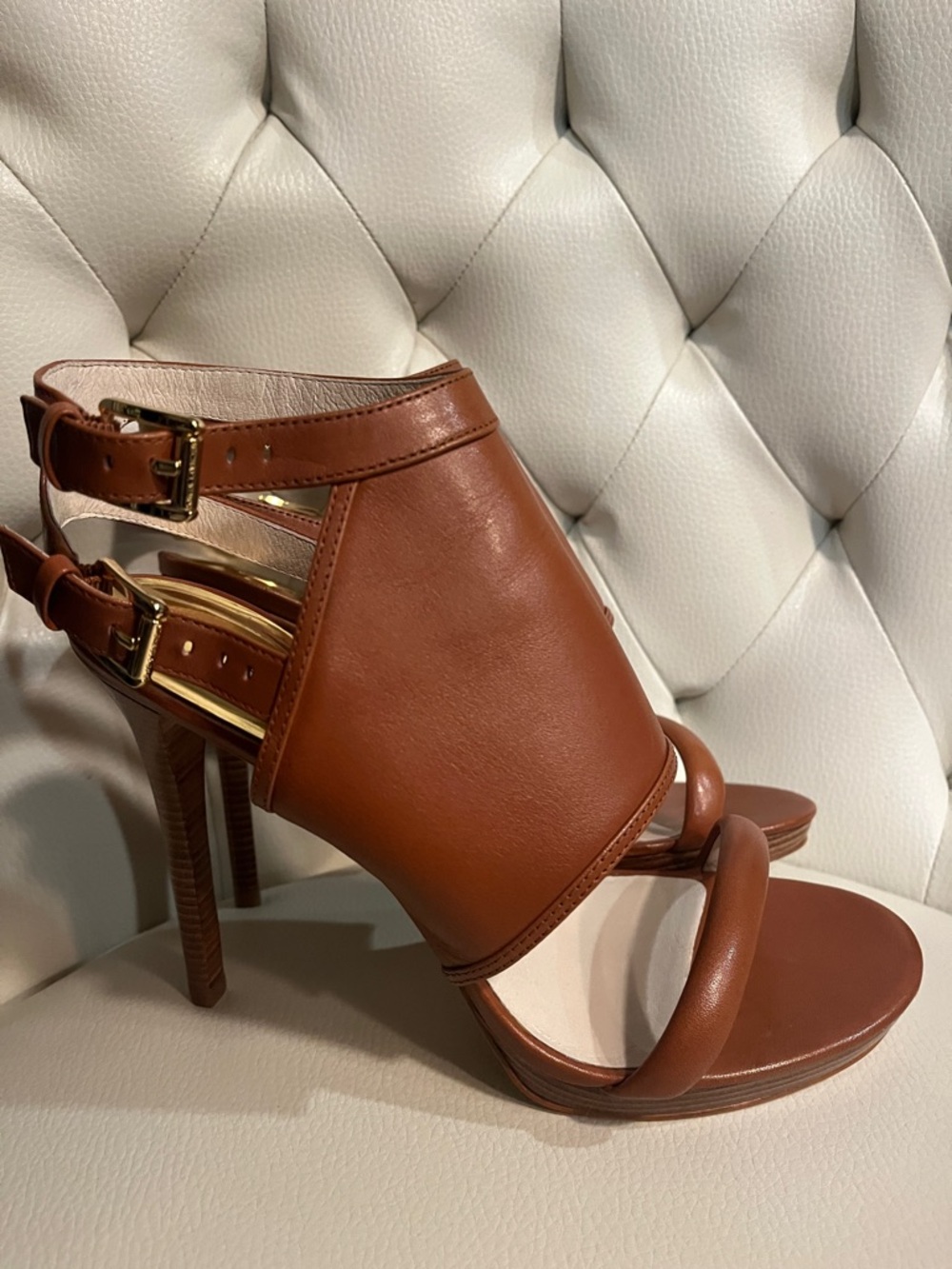 Michael Kors Cognac Leather High-Heel Sandals Size 8.5 - Picture 5 of 10